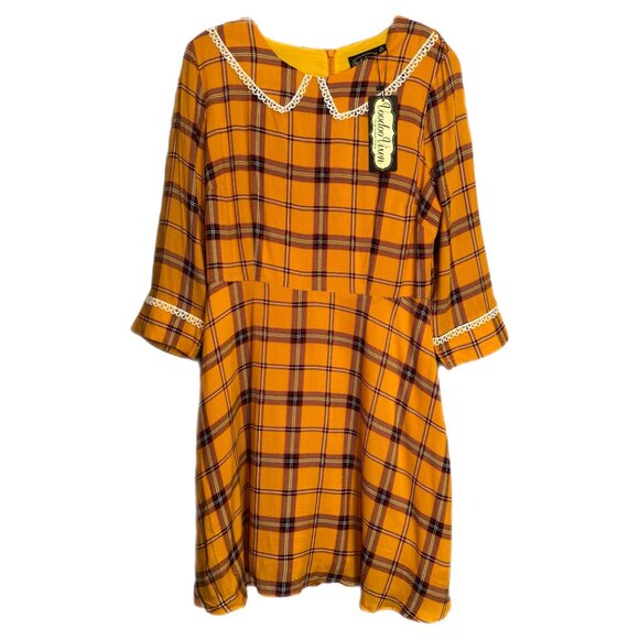 NWT Voodoo Vixen Harley Dress Size XL Yellow Plaid Embroidered Cottagecore FLAW - Picture 3 of 16